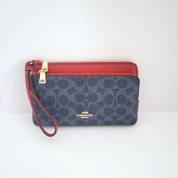 Coach CX161 Double Zip Wallet Signature Canvas Wristlet Denim Bold Red Clutch - Picture 1 of 8